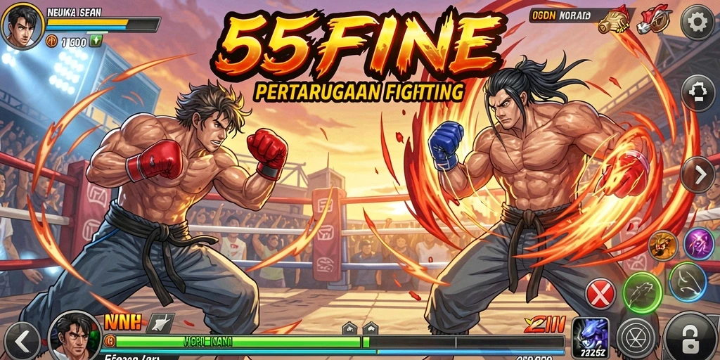 Screenshot gameplay 55FIVE menampilkan aksi pertarungan yang intens.