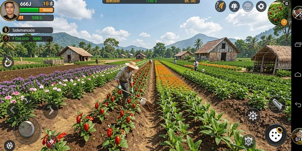 Screenshot dari gameplay 666J yang menampilkan aktivitas bertani yang seru.