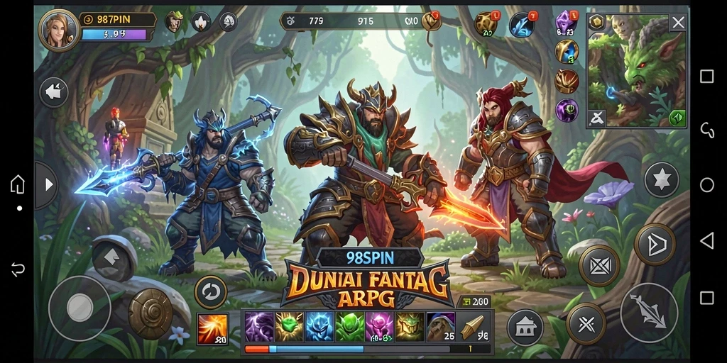 Screenshot gameplay 98SPIN menampilkan pertarungan seru melawan monster fantastis.