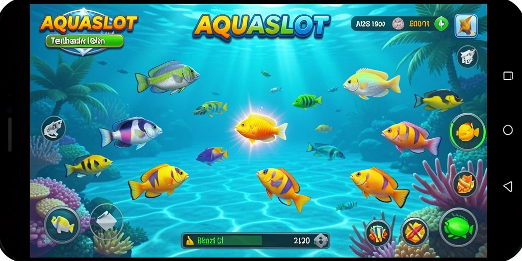 Tampilan gameplay AQUASLOT yang menampilkan aksi menembak ikan yang seru.
