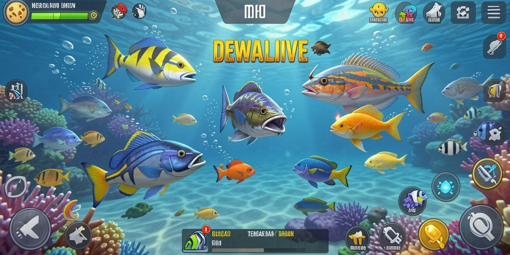 Gameplay menarik dalam DEWALIVE, menangkap ikan berwarna-warni.