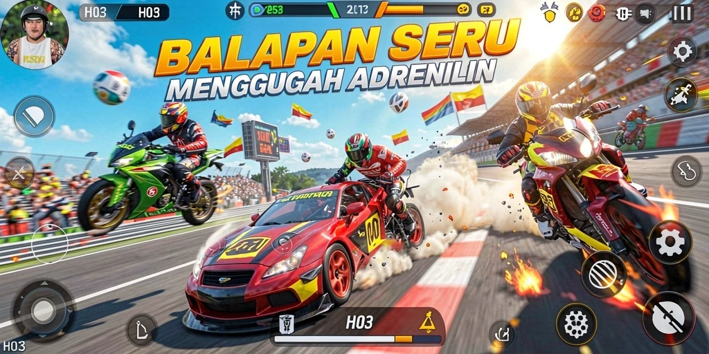 Tampilan aksi balap yang mendebarkan dalam H03.