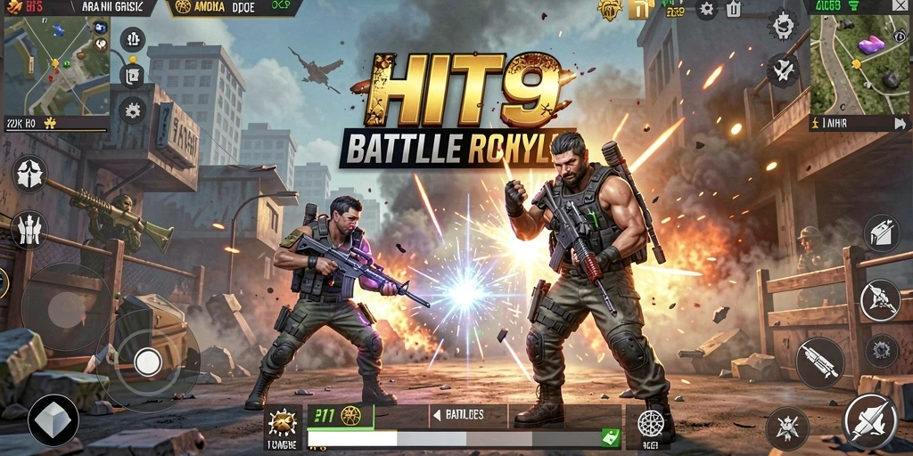 Tangkapan layar utama menampilkan aksi seru dalam gameplay Battle Royale.