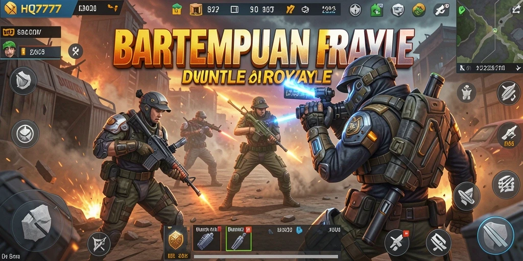 Screenshot gameplay HQ777 menampilkan aksi pertempuran seru di arena Battle Royale.