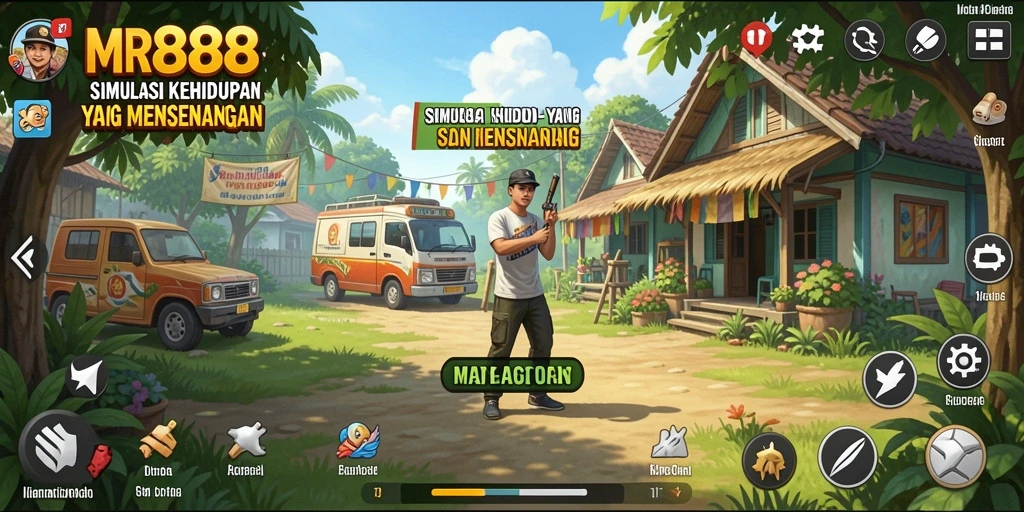 Tangkapan layar gameplay <strong>MR888</strong> menunjukkan karakter yang sedang membangun rumah mewah.