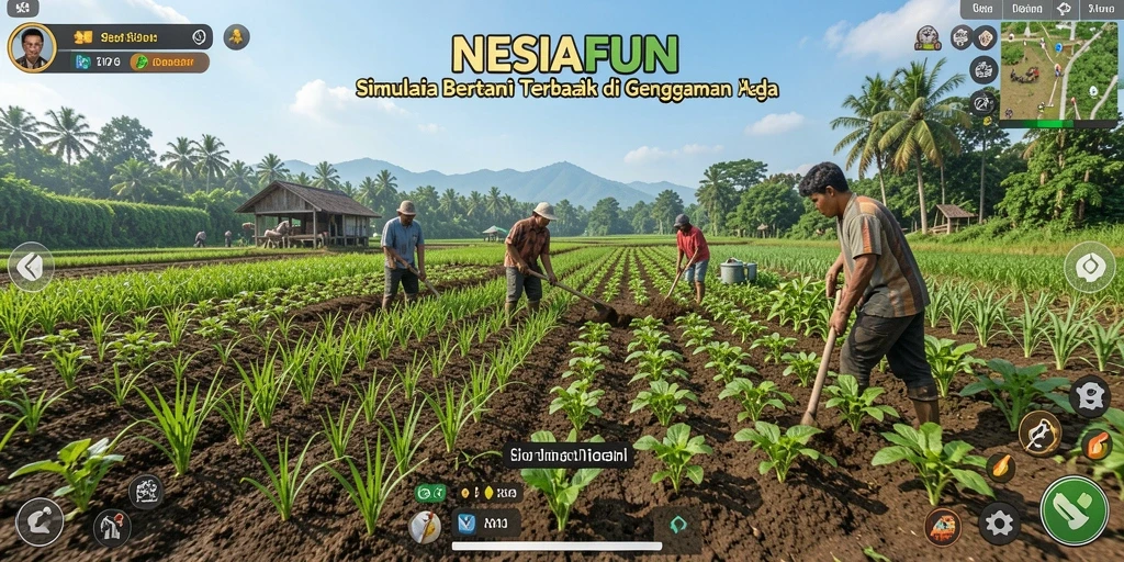 Tangkapan layar gameplay NESIAFUN dengan ladang subur dan hewan ternak.