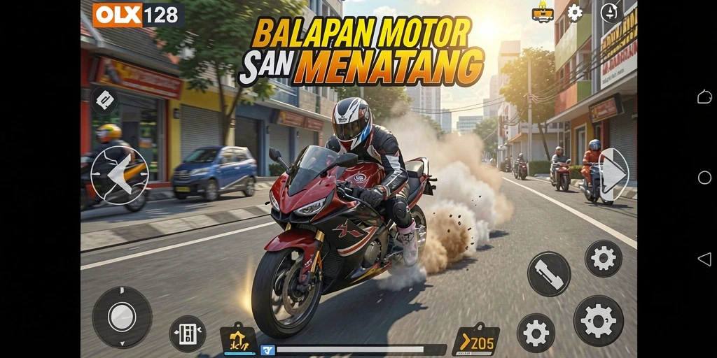 Tampilan screenshot OLX128 yang menampilkan balapan motor yang mendebarkan.