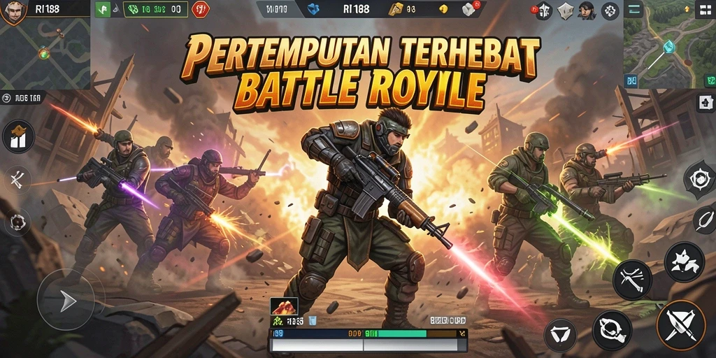 Screenshot gameplay RI188 menunjukkan aksi pertempuran seru dalam Battle Royale.