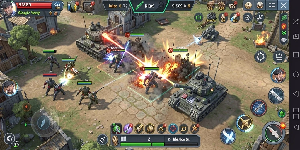 Screenshot gameplay RI889 yang menunjukkan aksi strategi dan pertarungan.